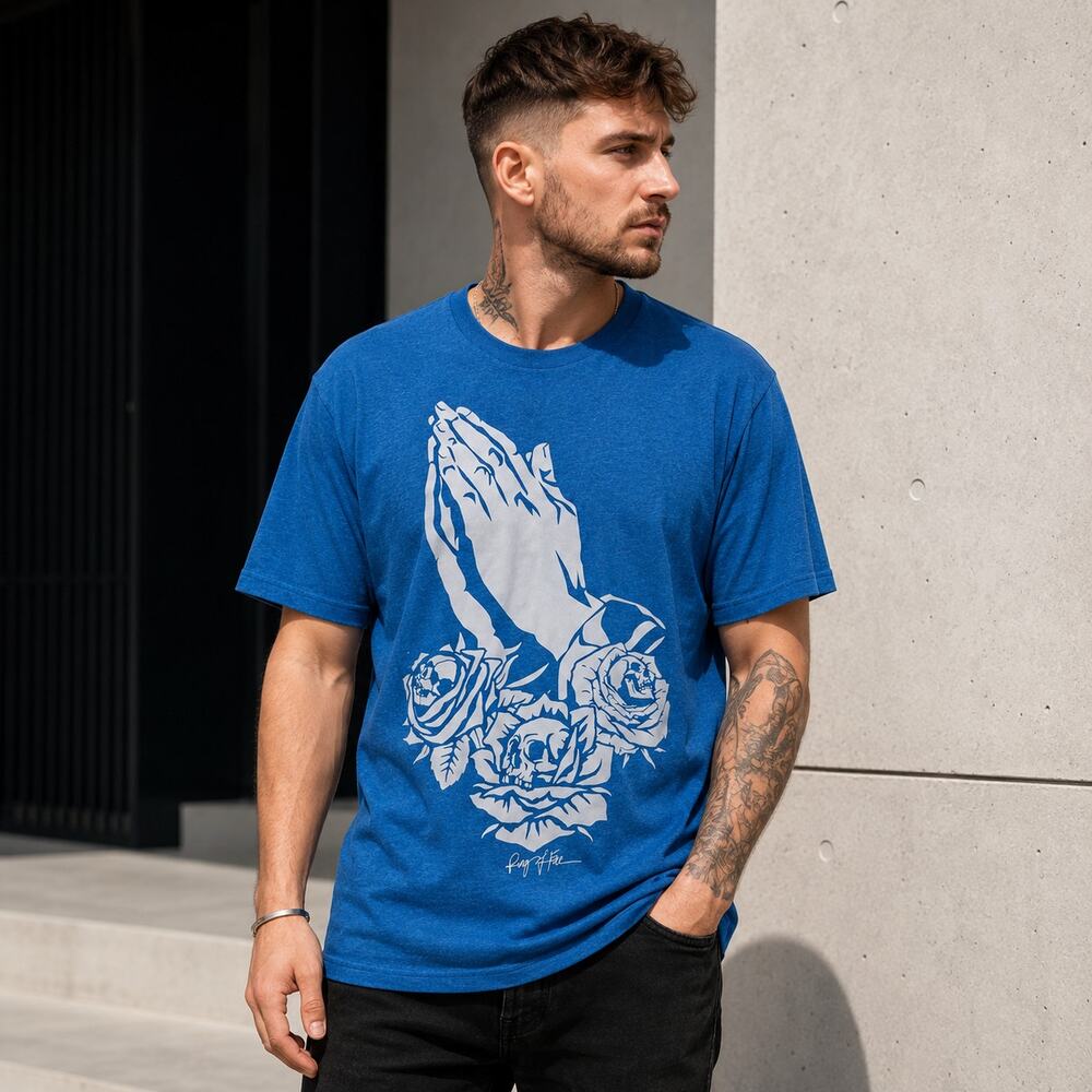 Ring of Fire Shirt Mens XXL 2XL Blue Praying Hands Skull and Roses Graphic Tee